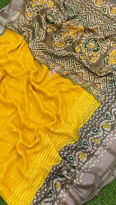 Semi-stitched Bandhani Print Traditional Saree, Festival Semi-stitched Bandhani Print Saree, Elegant Semi-stitched Bandhani Print Saree, Unstitched Chiffon Saree With Printed Border, Yellow Bandhani Print Semi-stitched Saree, 90s Bollywood Fashion, Cotton Sarees Handloom, Ethnic Clothes, Mysore Silk Saree