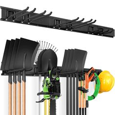 there are many different types of tools hanging on the rack with it's attachments