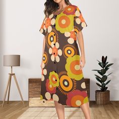 Step into a time capsule with the 70's Hippie Flower Power Muumu Lounger House Dress. Feel the energy of the flower power era with - 7724008210587 Retro Brown Dress For Vacation, Retro Spring Loungewear Dresses, Spring Retro Loungewear Dresses, Retro Summer Loungewear Dress, Summer Retro Loungewear Dress, Multicolor Groovy Dress With Retro Print, Retro Brown Dress With Floral Print, Mid-century Floral Print Dress For Spring, Retro Brown Floral Print Dress