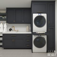 a washer and dryer in a kitchen with dark cabinets, white counter tops