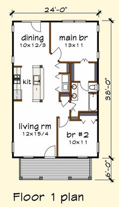 the floor plan for a small house with two bedroom and living room on each side