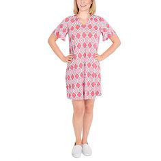 Get set for spring! Give yourself a chic look with our scoop lattice print dress. It features a feminine elbow sleeve fun and a flowy hemline.Features: Stretch FabricClosure Type: Pullover HeadNeckline: Split Crew NeckSleeve Length: Short SleeveApparel Length: 36.5 InchesDress Length: Knee LengthFiber Content: 96% Polyester, 4% SpandexFabric Description: KnitCare: Machine WashCountry of Origin: Imported Spring V-neck T-shirt Dress For Loungewear, Spring Crew Neck Short Sleeve Dress, Casual Knee-length Short Sleeve Dress For Spring, Spring Loungewear Dress With Crew Neck, Casual Cotton Short Sleeve Dress For Spring, Crew Neck Dress For A Spring Day Out, Crew Neck Dress For Spring Day Out, Spring Cotton V-neck T-shirt Dress, Spring Vacation Dresses With Crew Neck