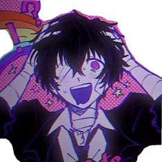 an anime character with black hair and purple eyes is holding his head in the air