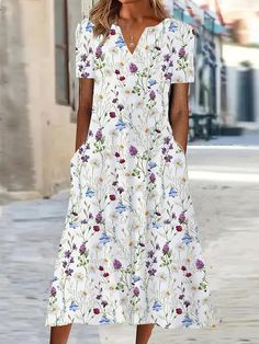 Women's Casual Dress Shift Dress Summer Dress Floral Pocket Print V Neck Midi Dress Active Fashion Outdoor Date Short Sleeve Regular Fit White Blue Summer Spring S M L XL XXL 2023 - US $26.99 Summer Shift Dress, Printed Casual Dresses, Floral Dress Casual, Shift Dresses, Womens Shift Dresses, V Neck Midi Dress, Vestido Casual, Floral Dress Summer, Types Of Dresses