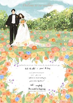 a wedding card with an illustration of a bride and groom standing in the middle of flowers