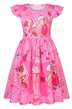 a pink dress with cartoon characters on it