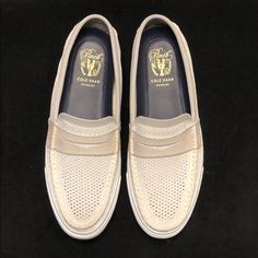 Brand New, Never Worn Casual Wingtip Slip-ons With Brogue Detailing, Casual Wingtip Loafers With Textured Sole, Classic White Loafers With Cushioned Footbed, Casual Wingtip Slip-ons With Rubber Sole, Casual Wingtip Loafers With Cushioned Footbed, Classic Slip-ons With Perforated Toe Box, White Casual Loafers With Perforated Toe Box, Casual Slip-ons With Brogue Detailing And Plain Toe, Casual Slip-ons With Brogue Detailing And Moc Toe