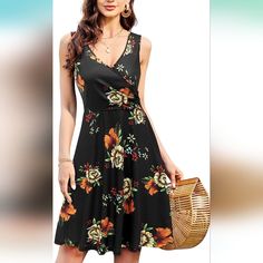 Kilig Womens V Neck Sundress A-Line Sleeveless Midi Summer Dress New With Tag Has Pockets! Beautiful Floral Print Size Small Black V-neck Sleeveless Sundress, Black Sleeveless Sundress, Black Midi Sleeveless Summer Dress, Black Midi Length Sleeveless Summer Dress, Black Sleeveless Midi Summer Dress, Black Sleeveless Midi Dress For Summer, Elegant Black Floral Sundress, Black Floral Print Sundress Sleeveless, Black Floral Print Sleeveless Sundress