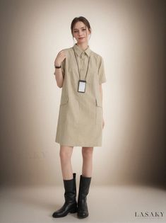 Lasaky - Elegant Short Sleeve Dress Casual Beige Dresses With Pockets, Spring Mini Length Short Sleeve Work Dress, Spring Mini Length Short Sleeve Dress For Work, Casual Short Sleeve Collared Dress For Spring, Casual Collared Short Sleeve Dress For Spring, Spring Workwear Short Sleeve Mini Dress, A-line Mini Dress With Pockets, Spring Casual Short Sleeve Dress With Collar, Office Midi Dress With Pockets