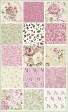 a bunch of pink and green flowers on different fabric types, all in different colors