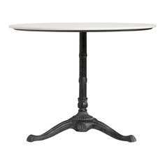 a white table with black legs and an iron base on the top, against a white background