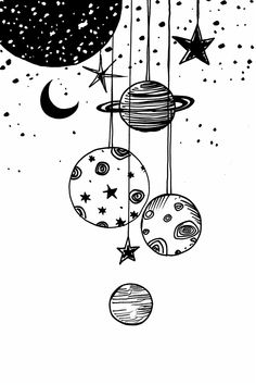 a drawing of planets and stars hanging from strings