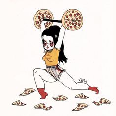 a drawing of a woman with pizza slices on her head and arms in the air