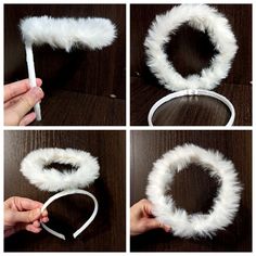 four pictures showing how to make a fluffy white headband with faux fur on it