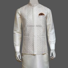 Bespoke slim fitted micro embellished waistcoat - Uomo Attire Fitted White Luxury Nehru Jacket, Fitted Luxury White Nehru Jacket, Tailored White Vest For Semi-formal Occasions, White Fitted Luxury Nehru Jacket, Luxury Fitted White Nehru Jacket, Fitted Sleeveless Vest For Wedding, White Fitted Nehru Jacket For Semi-formal Occasions, White Embroidered Sleeveless Nehru Jacket, Elegant White Party Vest