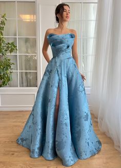 Azure Waterfall Gown | Teuta Matoshi Teuta Matoshi, Satin Evening Dresses, Burgundy Prom Dress, Organza Dress, Evening Dress Fashion, Sophisticated Dress, Dress Picture, Formal Party, Bustiers