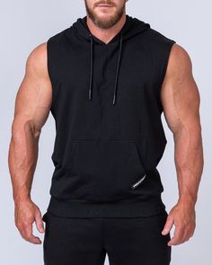 Mens Sleeveless Hoodie   Black Easy 30 day return policy Urban Style Hoodie For Gym, Black Workout Tops With Drawstring Hood, Black Tank Activewear For Streetwear, Cotton Gym Top With Drawstring Hood, Black Cotton Muscle Tee For Gym, Black Muscle Tee With Dropped Armholes For Streetwear, Black Cotton Sportswear Tank Top, Black Sportswear Vest For Streetwear, Black Sporty Muscle Tee For Streetwear