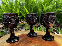 three wine goblets sitting on top of a wooden stump in front of ferns