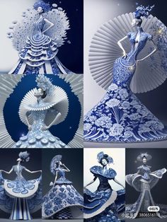 four different images of women in blue and white dresses with fan shaped decorations on them