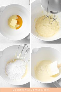 four pictures showing how to make cheesecake batter in a bowl with butter and eggs