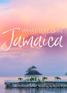 an island with the words what to do in jamaica on it, and palm trees