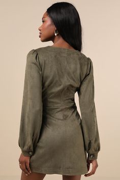 The Lulus Chicest Aura Olive Green Suede Surplice Long Sleeve Mini Dress will become your signature way to look stylish all fall long! Soft faux suede shapes this sweet dress that features a flirty surplice neckline and long sleeves with gathering at the shoulders and button cuffs. The wrap silhouette boasts a fitted waist (that secures with an internal button closure) and an A-line mini skirt with a functional button placket along the side. Fit: This garment fits true to size. Length: Mid-thigh. Size medium measures 33" from shoulder to hem. Bust: Great for any cup size. Waist: Fitted - very fitted at natural waist. Hip: Fitted - stretchy fabric allows room for hips. Undergarments: May be worn with any standard bra. Fabric: Fabric is very stretchy. Lined. Shell: 92% Polyester, 8% Spandex. Wrap Mini Dress, A Line Mini Skirt, Surplice Neckline, Green Suede, Look Stylish, Sweet Dress, Mini Wrap Dress, Long Sleeve Mini, Long Sleeve Mini Dress