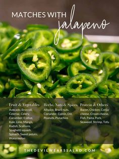 green peppers with the words, matches with jalapeno on top and below