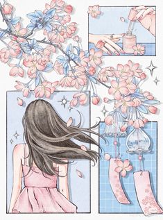 a drawing of a girl with long hair and flowers on her head looking at the sky