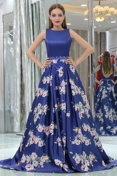 Floral Print Prom Dress, Backless Prom Dress, Gown For Prom, Printed Prom Dresses, Satin Evening Gown, Prom Dresses Elegant, Chic Gowns, Prom Dresses 2019, Prom Dresses Sleeveless