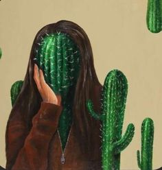 a painting of a woman with long hair and green cactus in the background