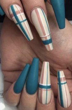 Teal Plaid Nails, Fall Nail Designs Plaid, Blue Plaid Nail Designs, Blue Thanksgiving Nails, Tartan Nails, Nails Gray, Blue Manicure, Acrylic Nail Designs Classy, Ballerina Acrylic Nails