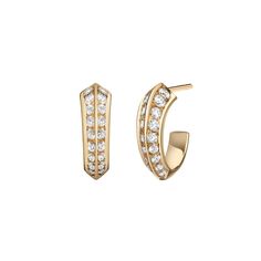 You'll reach for these hoops again and again. Our signature Eva style finds a home on your ears with these knife-edged hoops. Perfect for everyday wear by themselves or paired with other earring silhouettes in multiple piercings. With a butterfly fastening for pierced ears Available in yellow, rose or white gold Diamonds cover 3/4 of hoop, wrapping around the bottom Diamond carat weight: 0.6 13mm outer diameter Availability: Yellow, Rose & White Gold in stock. Everyday Diamond Earrings, Jewellery Advertising, Cognac Diamonds, Art Jewelry Design, Multiple Piercings, Diamond Necklace Designs, Engagement Rings Vintage Halo, Mini Earrings, Diamond Earring