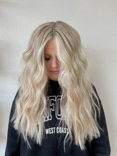 Bold bright blonde on long hair Pretty Blonde Hair, Blonde Hair Extensions, Dyed Blonde Hair, Light Blonde Hair