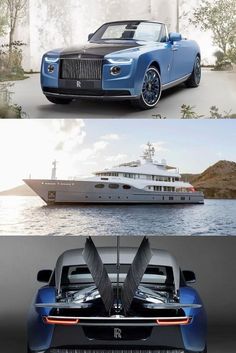 an image of a car and a boat in the same photo, one is blue