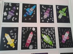 four pictures of different types of paper rockets and stars on black cards with white writing