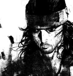 a black and white drawing of a man with long hair, wearing a fedora