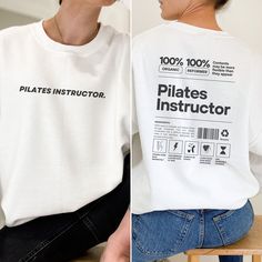 two pictures of a woman sitting on top of a wooden chair wearing a white shirt that reads pilates instructor