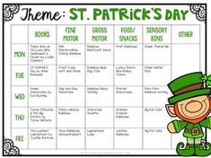 a st patrick's day calendar with the words, names and pictures on it