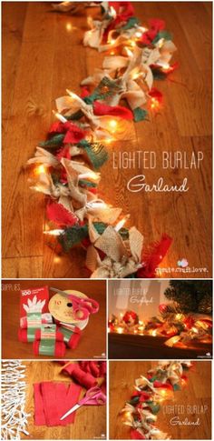 the christmas garland is made with fabric and lights