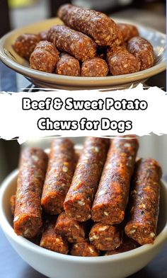 beef and sweet potato chews for dogs in a bowl with the words beef & sweet potato chews for dogs