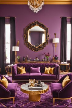 a living room with purple couches and gold accents on the walls in front of a large mirror