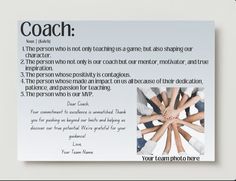 Personalized Coach Gifts - Coach Definition - Coach Card - Thank You Card - Coaching Gifts - Wall Art - Digital Download - Personalize with your team's name and your picture of choice. Do you have a coach in your life that deserves more than just a simple thank you? This is your ticket. This template can be edited to your liking - I will provide you with an editable link as well as offer my assistance for editing. Let's make your coaches day! Coach Free Printable, Thank You Coach Cards, Coach Thank You Gifts, Coach Definition, Personalized Coach Gifts, Miss You Cards, Coach Gifts, Team Names, Thank You Gifts