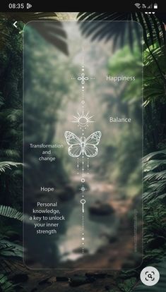 an image of a forest with butterflies and words on the glass screen, as well as text that reads happiness balance