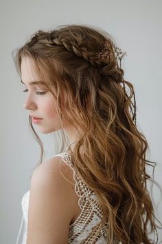 Boho Hair Bridesmaid, Long Hair Braid Crown, Crown Braid Hairstyles Half Up, Loose Braid Bridesmaid Hair, Ethereal Half Up Hair, Wedding Hair Braids Half Up, Half Up Bridal Hair With Braid, Whimsical Hairstyles Wedding, Braided Hairstyles Crown