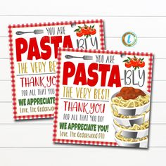 two printable pizza thank you cards with the words, pasta and tomatoes on them