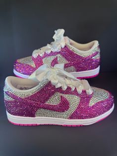 Blinged Out Shoes, Bedazzled Jordans, Bedazzled Sneakers, Bedazzled Items, Bedazzled Things, Pink Dunks, Dunks Sneakers, Bling Sneakers, Bedazzled Shoes Diy