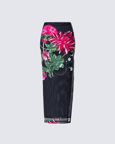 The kind of flower they’ll all want to pluck 🖤 Made from mesh fabric, this black maxi skirt is complete with a bodycon fit, a floral print, and a sexy side slit for the perfect bold and sexy statement piece 🌺 Flower Print Skirt, Floral Print Maxi Skirt, Print Maxi Skirt, Black Maxi Skirt, Black Off Shoulder, Printed Maxi Skirts, Floral Print Maxi, White Jersey, Black Maxi