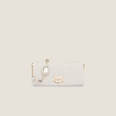 White Miu Miu Iconic Crystal Cloqué Nappa Leather Bag | Miu Miu Miu Miu Bag, Crystal Bags, Jewel Necklace, Jeweled Earrings, Jewels Rings, Pocket Bag, Leather Hobo, Nappa Leather, Long Wallet