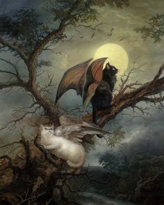 two bats sitting on top of a tree next to a white cat in the moonlight