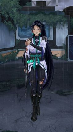 an anime character is standing in the rain